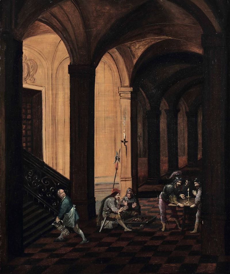 Philip Gyselaer (1620 ca. - 1650), attribuito a Guardie che giocano a carte  - Asta Dipinti Antichi | Asta a Tempo - Cambi Casa d'Aste