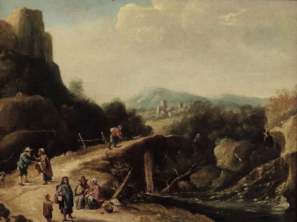 Matthias Scheits (Amburgo 1630-1700), cerchia di Paesaggio rupestre con figure