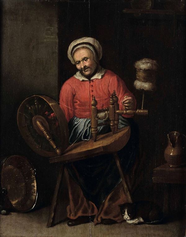 Abraham de Pape (Leida 1620-1666) Vecchia con arcolaio