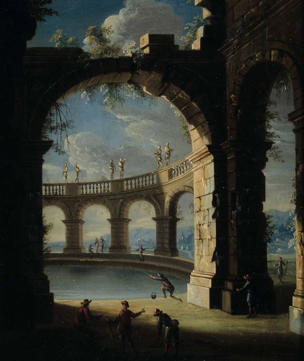 Leonardo Coccorante (Napoli 1680-1750) Capriccio con arcate su bacino lacustre