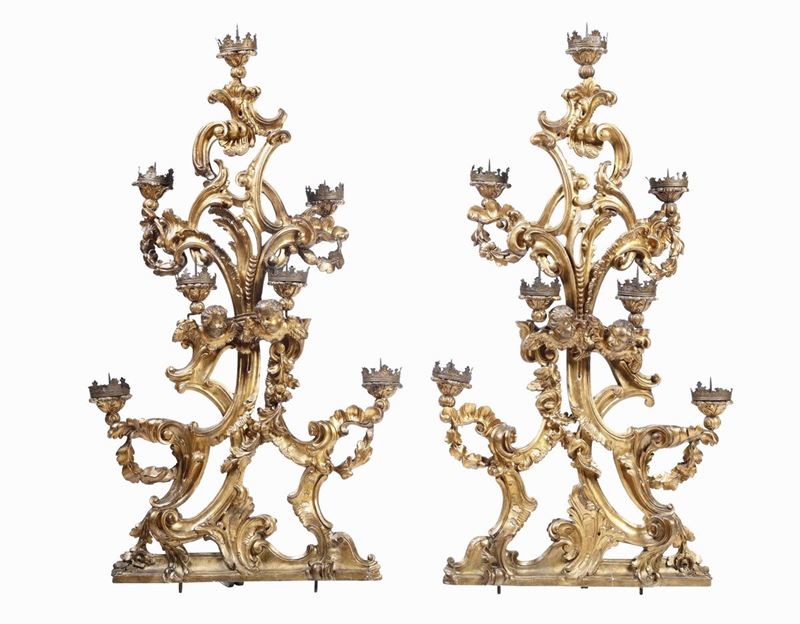 Coppia di torcere in legno dorato e scolpito, XVIII secolo  - Asta Importanti Sculture, Arredi e Oggetti d'Arte - Cambi Casa d'Aste