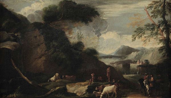 Scuola italiana del XVIII secolo Paesaggio con pastori, armenti e contadini