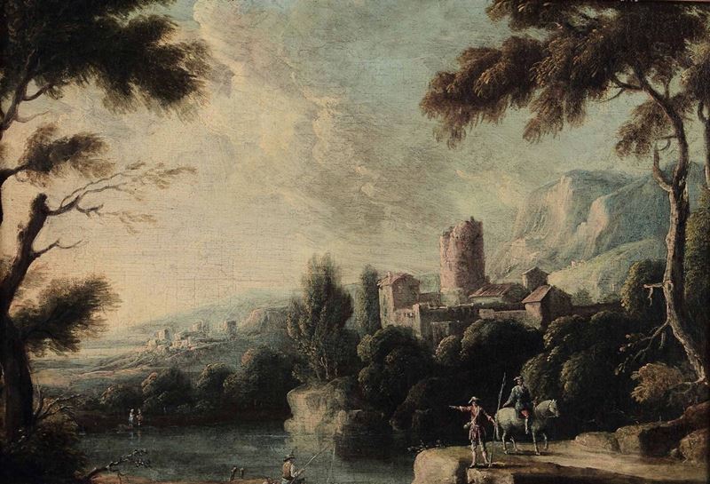 Scuola del XVIII secolo Paesaggio fluviale con figure  - Asta Dipinti Antichi | Asta a Tempo - Cambi Casa d'Aste