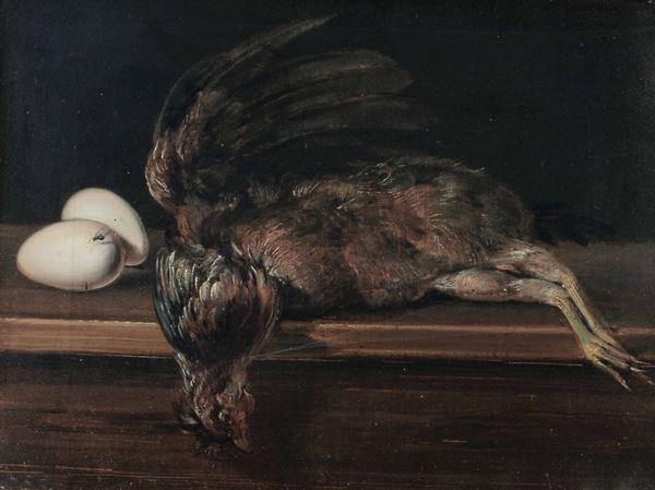 Scuola lombarda del XVIII secolo Natura morta con gallina e uova