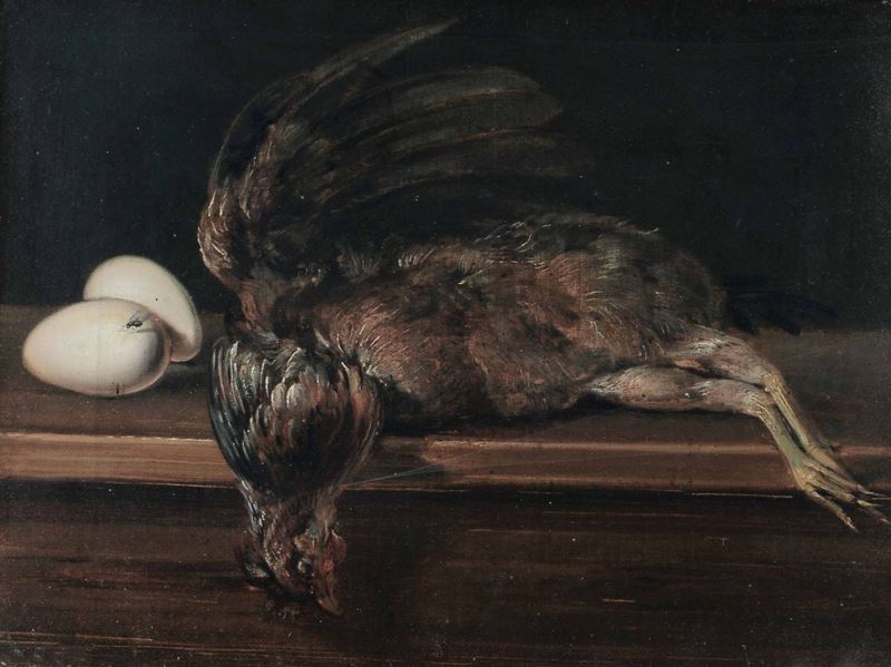 Scuola lombarda del XVIII secolo Natura morta con gallina e uova  - Asta Dipinti Antichi | Asta a Tempo - Cambi Casa d'Aste