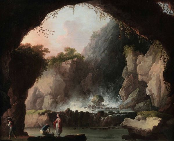 Francesco Fidanza (Roma 1747 - Milano 1819), attribuito a Paesaggio con grotta e cascata