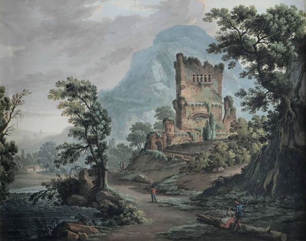 Scuola del XVIII secolo Paesaggio con rovine e viandanti