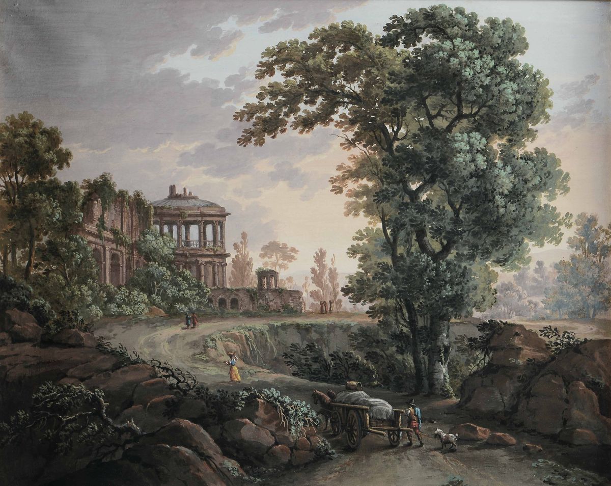 Scuola del XVIII Secolopaesaggio con Rovine e Viandanti