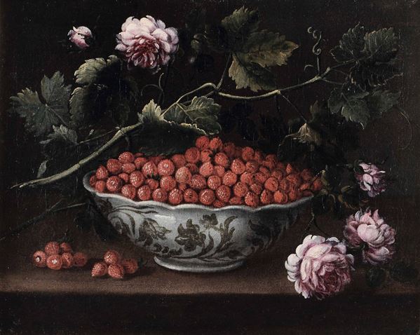 Scuola italiana del XVIII secolo Natura morta con piatto di pesche e fiori di gelsomino Natura morta con coppa di fragoline e peonie