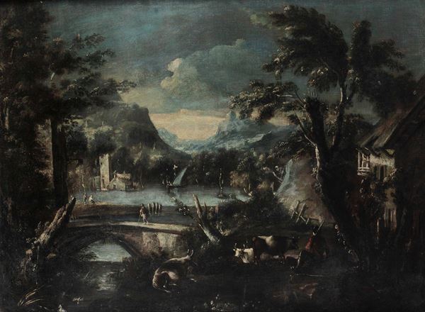 Scuola del Nord Italia del XVIII secolo Paesaggi con pastori e viandanti