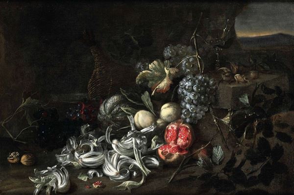 Alexander Coosemans (Anversa 1627-1689) Natura morta con ortaggi e frutti entro paesaggio