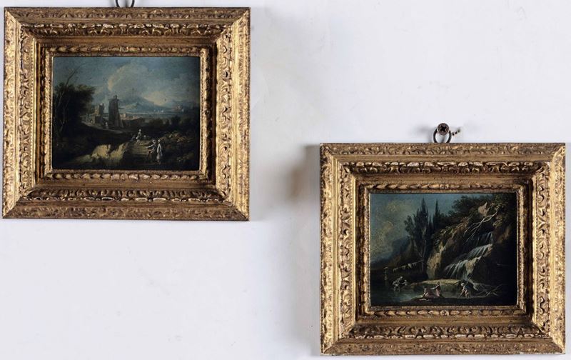 Scuola fiamminga del XVIII secolo Paesaggi con contadini  - Asta Dipinti Antichi - Cambi Casa d'Aste
