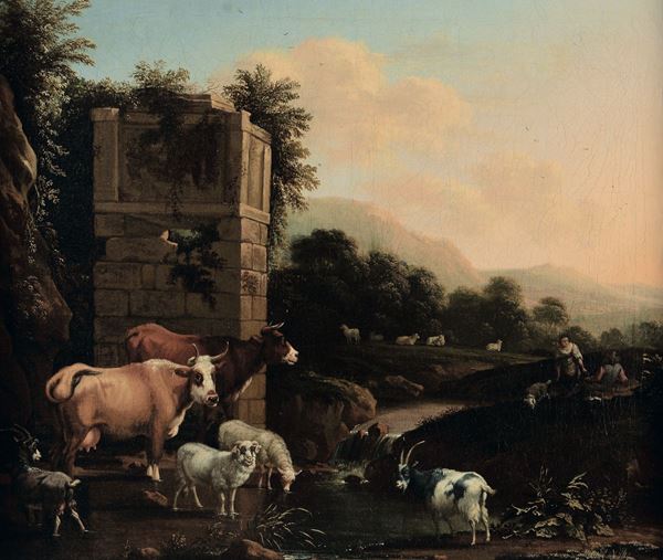 Scuola fiamminga del XVII secolo Paesaggio con pastori e armenti