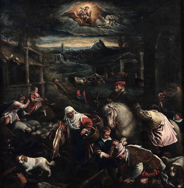Leandro Bassano (Bassano del Grappa 1557 - Venezia 1622) Scena popolare con Apollo sul carro del Sole