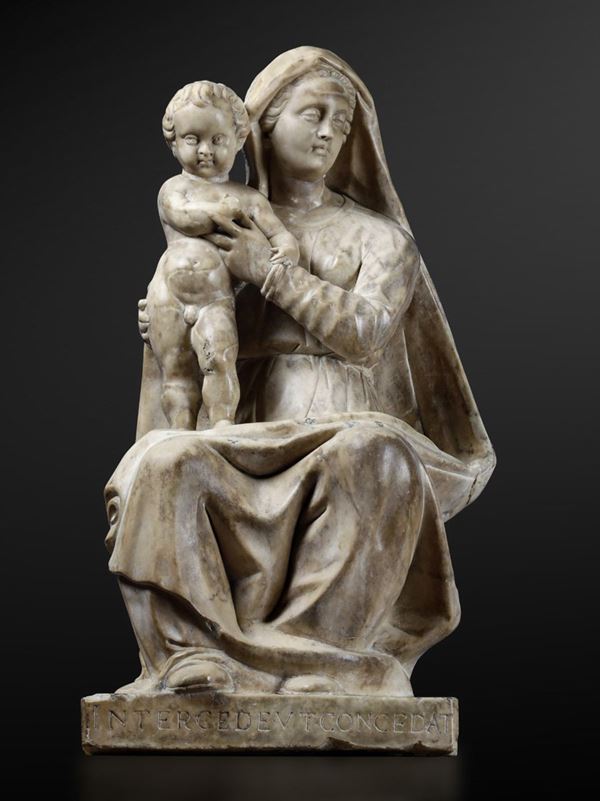 Madonna con Bambino in marmo bianco. Scultore tardo-manierista, Genova, ultimo quarto del XVI secolo