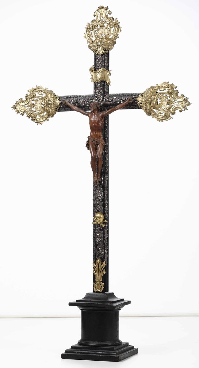 Croce da Meditazione in Legno Ebanizzato, Argento, Rame e Bronzo Dorato. Cristo in Bosso Scolpito...