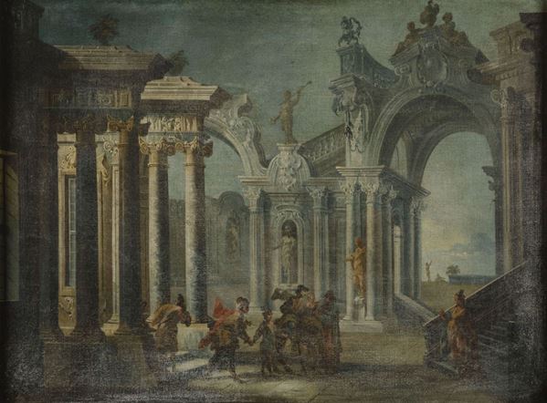 NicolÃ² Bertuzzi (Ancona 1710-1777) e Claudio Porroni (Bologna 1705-1784) Capriccio architettonico con figure