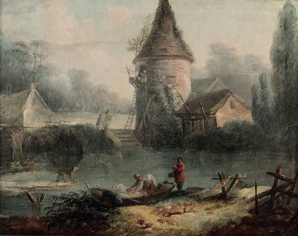 Francois Boucher (Parigi 1703-1770) Paesaggio con mulino e pescatori