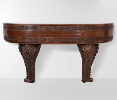 Grande Consolle da Parete con Struttura, Piano e Sostegni in Legno Scolpito.