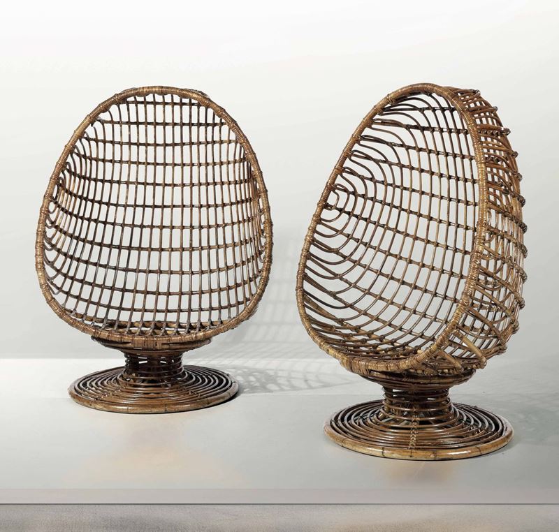 Coppia di poltrone a uovo con struttura in bambù e rattan.  - Auction Design - Cambi Casa d'Aste