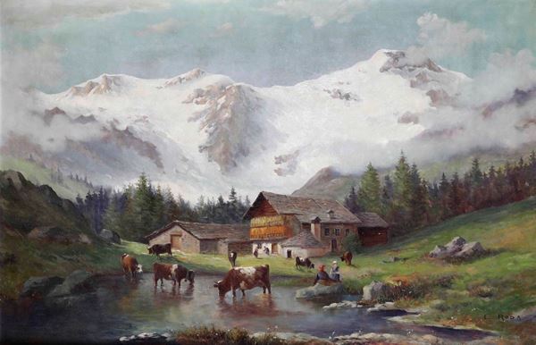 Leonardo Roda - Leonardo Roda (1868-1933) Paesaggio montano con neve e gregge