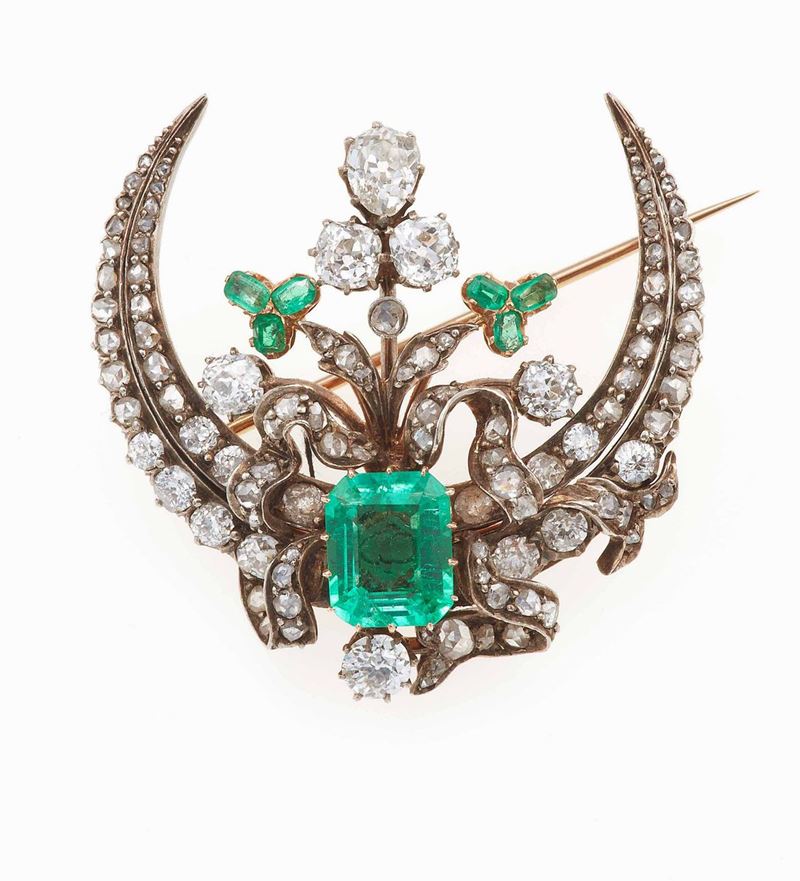 Spilla Honey Moon con smeraldo Colombia e diamanti di vecchio taglio  - Auction Fine Jewels - Cambi Casa d'Aste