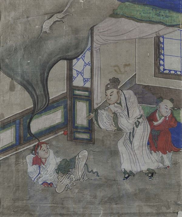 Dipinto su seta raffigurante personaggi in un interno, Cina, Dinastia Qing, epoca Qianlong (1736-1796)