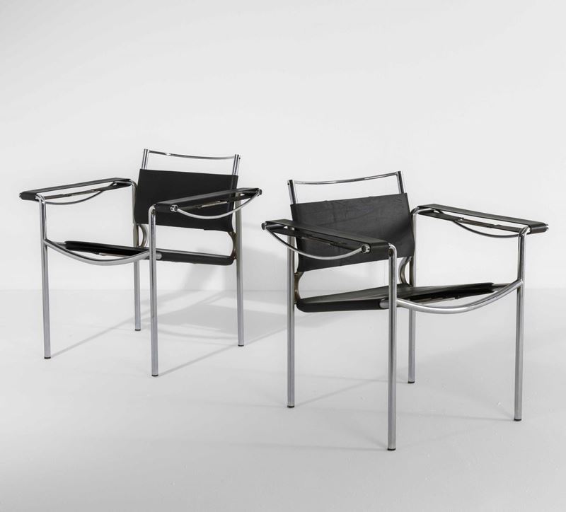 Coppia di sedie con struttura in metallo e seduta in pelle.  - Asta Design Lab - Cambi Casa d'Aste
