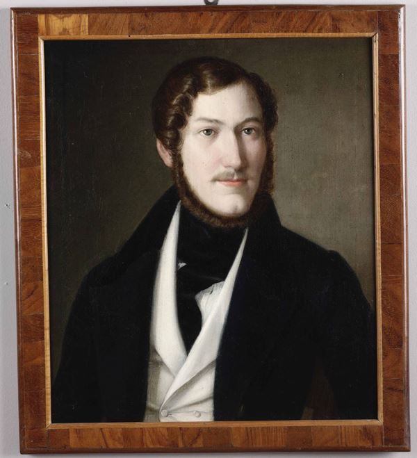 Artista della prima metà del XIX secolo Giovane gentiluomo con barba e baffi in giacca nera e gilet