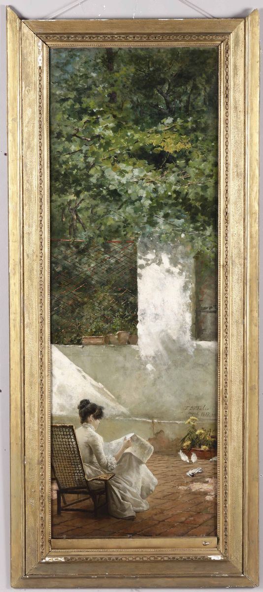 Filippo De Falco (1852 - circa 1890) Veduta di giardino con donna in lettura, 1887