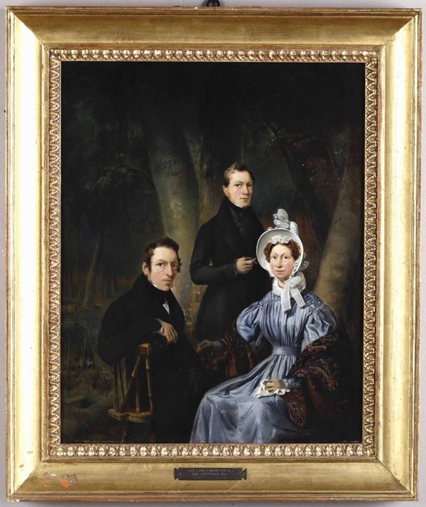 Jan Hendrick Van de Laar (1807 - 1874) Gruppo di famiglia con tre persone in un giardino, 1836