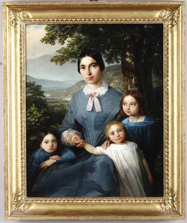 Artista del XIX secolo Ritratto di madre con tre bambini e paesaggio sullo sfondo