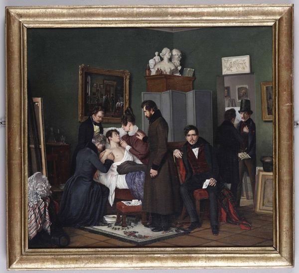 Artista della prima metà del XIX secolo Interno con giovane artista ferito in duello curato dai paren [..]