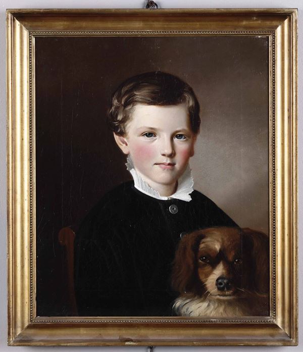 Artista centro europeo della metà del XIX secolo Ritratto di bambino con cane