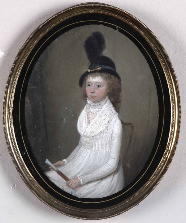 Artista neoclassico Ritratto di giovinetta in bianco con cappello nero e pennacchio