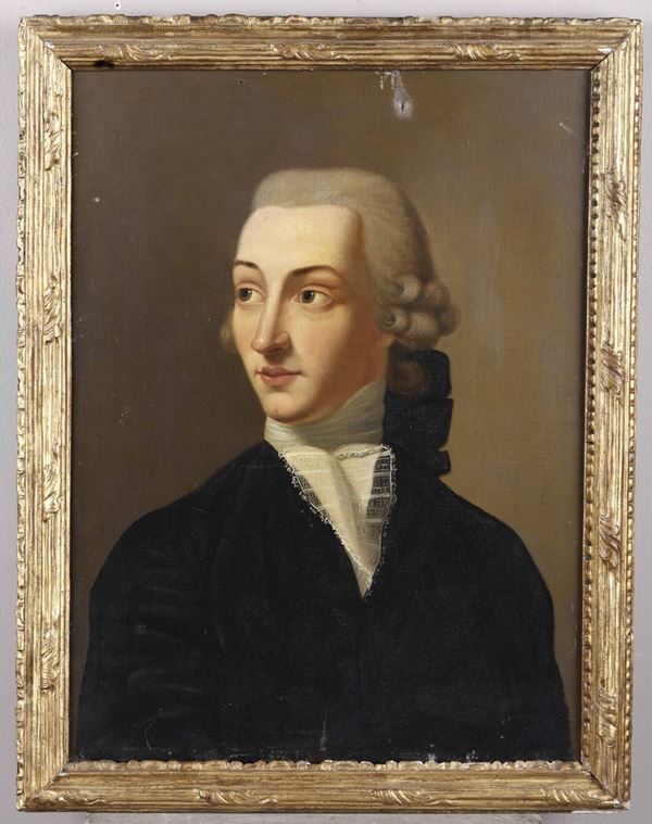 Artista del XIX secolo ad imitazione del XVIII secolo Giovane gentiluomo con parrucca bianca in abito nero