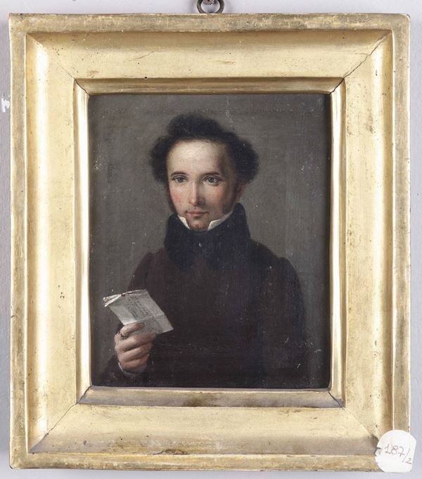 Artista del XIX secolo Giovane gentiluomo in giubba marrone e colletto nero con in mano uno scritto