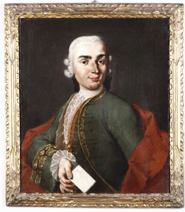 Giuseppe Bonito (Castellammare di Stabia 1707 - Napoli 1789) Gentiluomo con giacca verde, drappo rosso e lettera in mano