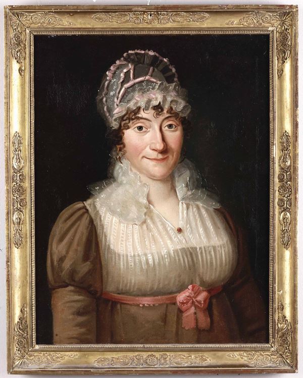 Artista degli inizi del XIX secolo Ritratto di signora con cintura rosa e cuffia di velo