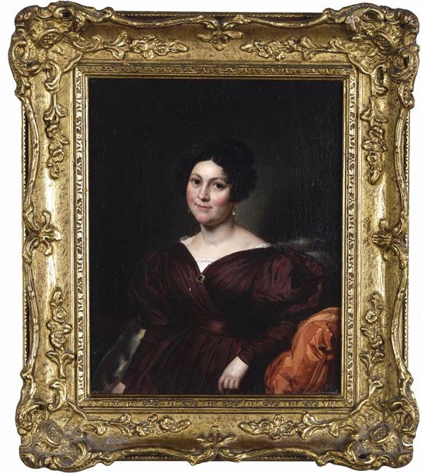 Artista della prima metà del XIX secolo Ritratto di signora in viola