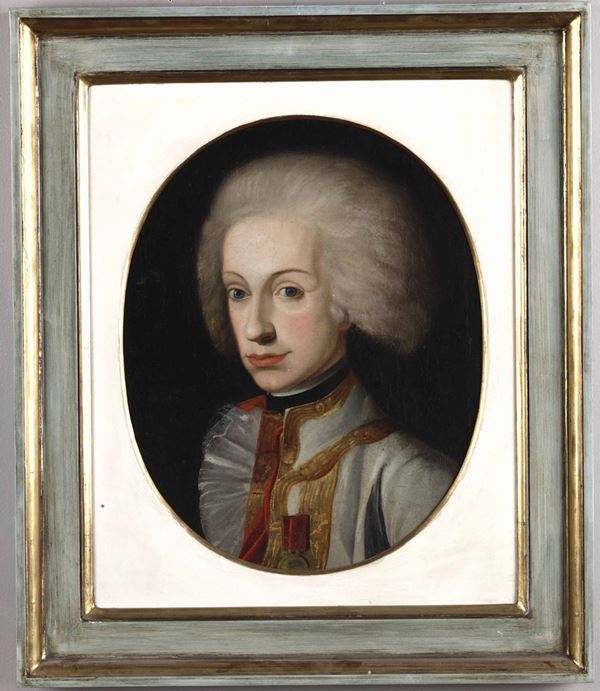 Artista austriaco del XVIII secolo Ritratto di giovane in uniforme e parrucca bianca