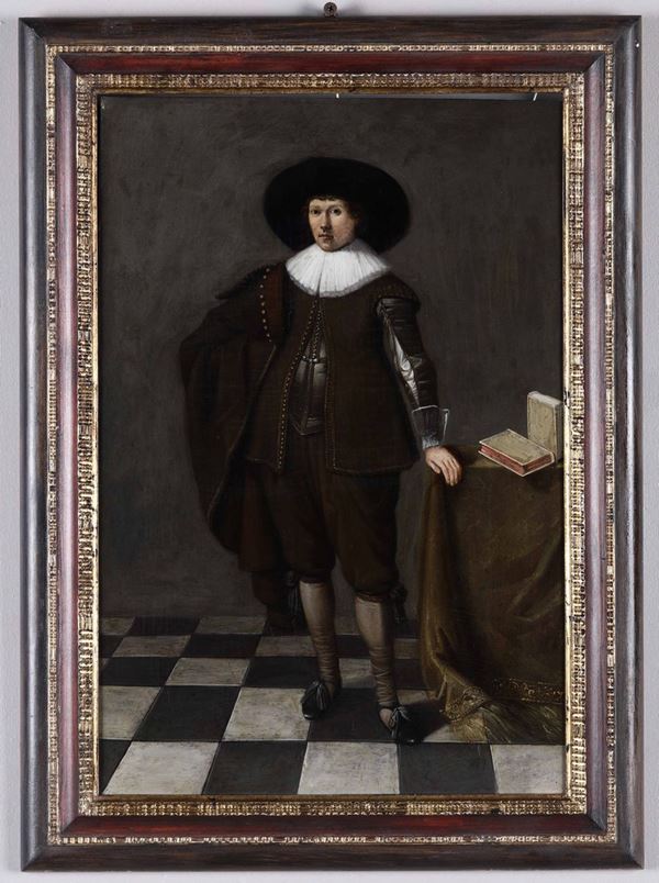 Artista fiammingo del XVII secolo Gentiluomo in piedi in abito marrone