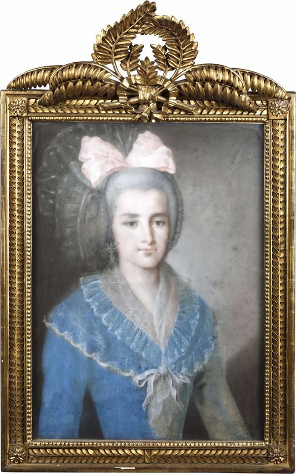 Artista francese del XIX secolo Ritratto di giovane donna in abito azzurro