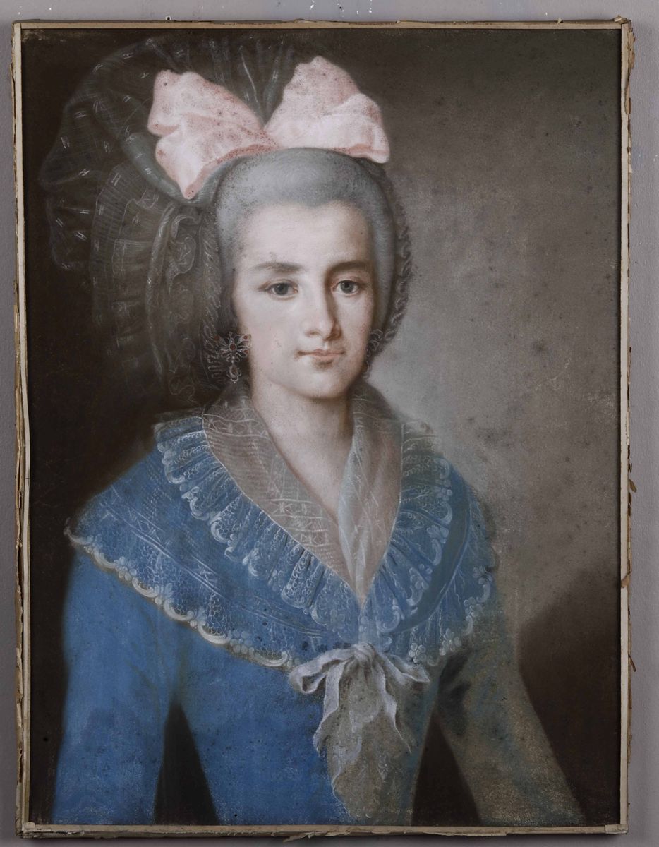 Artista Francese del XIX Secoloritratto di Giovane Donna in Abito Azzurro