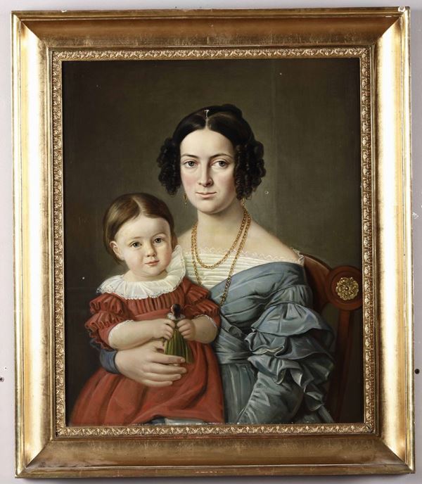 Artista neoclassico, prima metà XIX secolo Ritratto di signora in azzurro con bambina in rosso