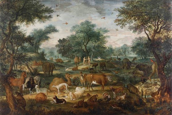 Pittore fiammingo del XVII secolo Adamo ed Eva nel paradiso terrestre