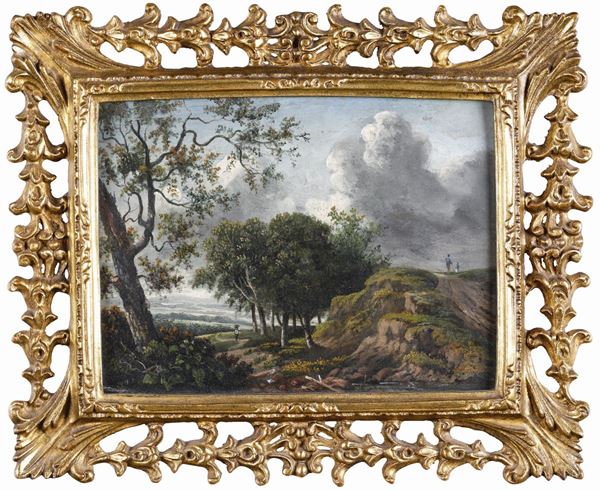Artista fiammingo neoclassico Paesaggio dal cielo nuvoloso con piccole figure
