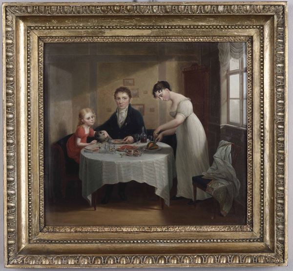 Artista della metà del XIX secolo Ritratto di una famiglia a tavola