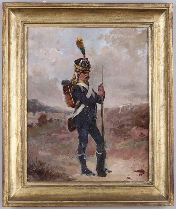 Artista degli inizi del XX secolo Militare in piedi appoggiato al fucile