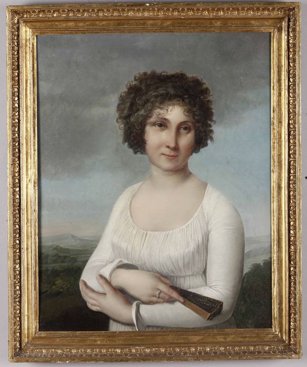 Artista neoclassico Giovane donna in abito bianco con ventaglio